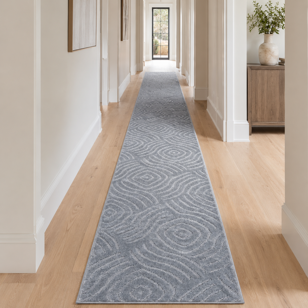 Serenity Soft Ripple Silver runner rug styled in a hallway
