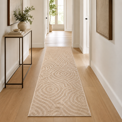 Serenity Soft Ripple Truffle runner rug styled in a hallway
