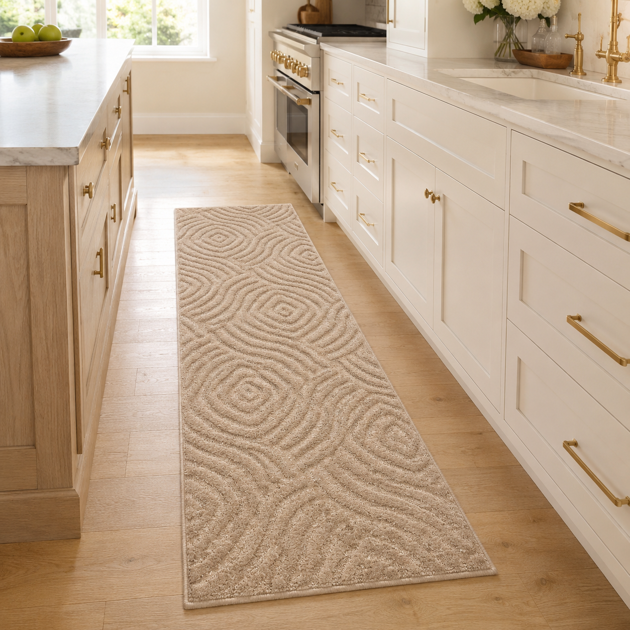 Serenity Soft Ripple Truffle runner rug styled in a kitchen