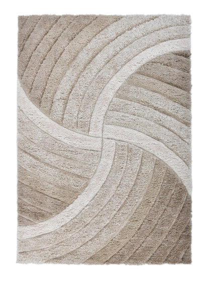 Overhead view of the Ucci beige geometric shag rug with carved ivory wave lines
