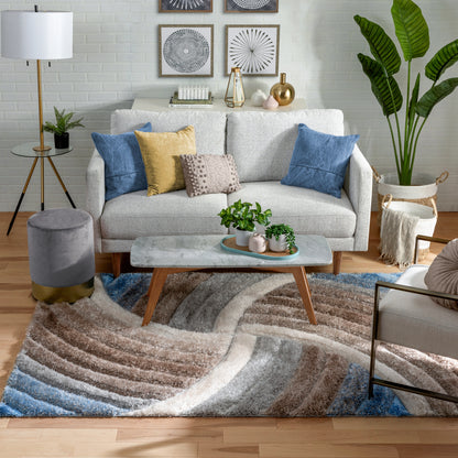 Ucci  Modern Modern Geometric Shag Beige Blue  Textured Thick & Soft Shag Rug