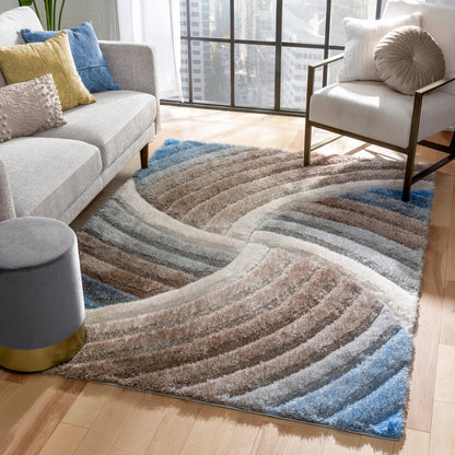 Ucci  Modern Modern Geometric Shag Beige Blue  Textured Thick & Soft Shag Rug