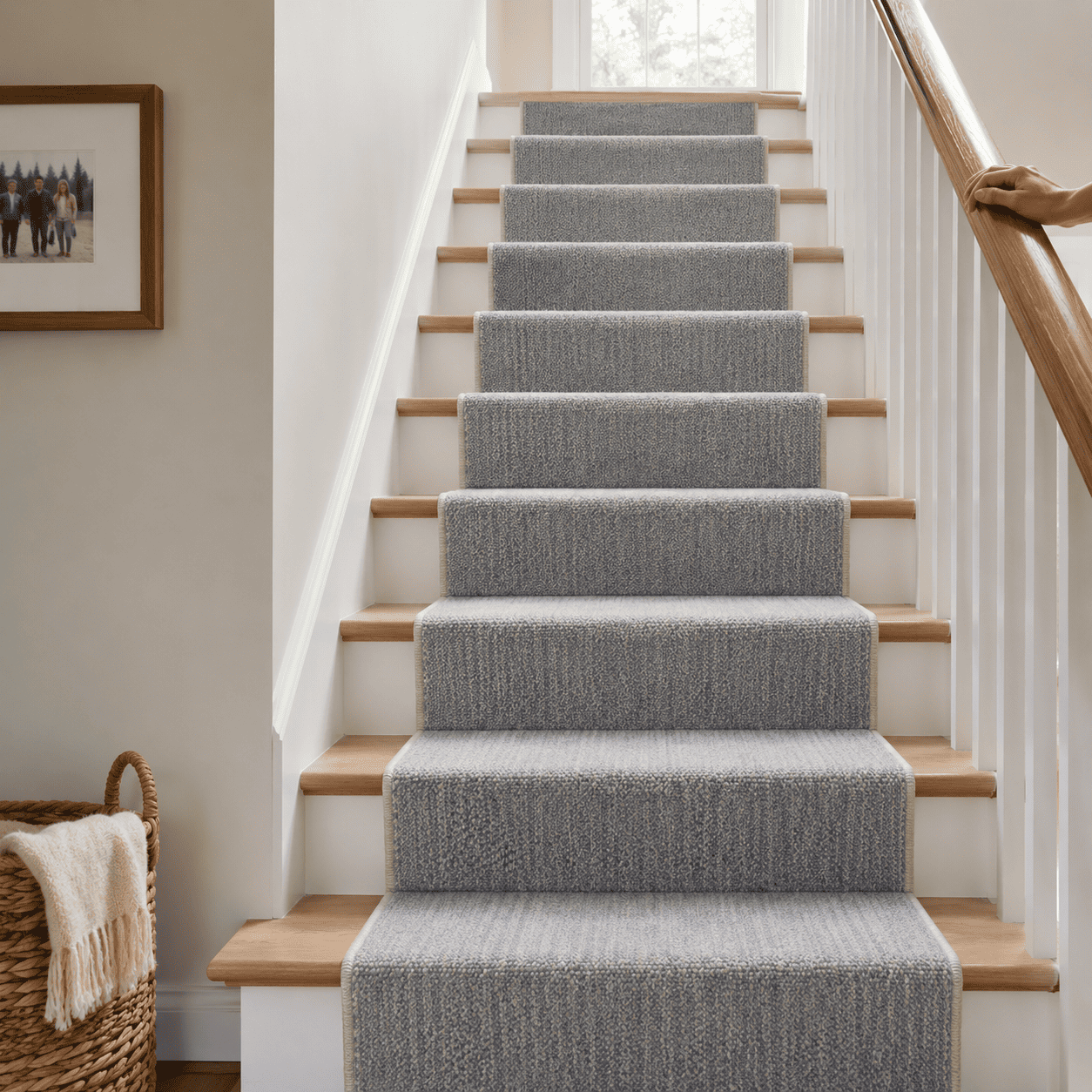 Staircase with gray carpet runner and wooden steps in a home setting.