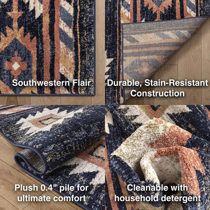 Lea Blue Traditional Southwestern Tribal Rug Well Woven