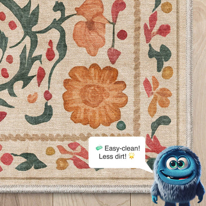 Close-up of the Suzani rug’s floral border showing detailed pattern work and warm multicolor tones.