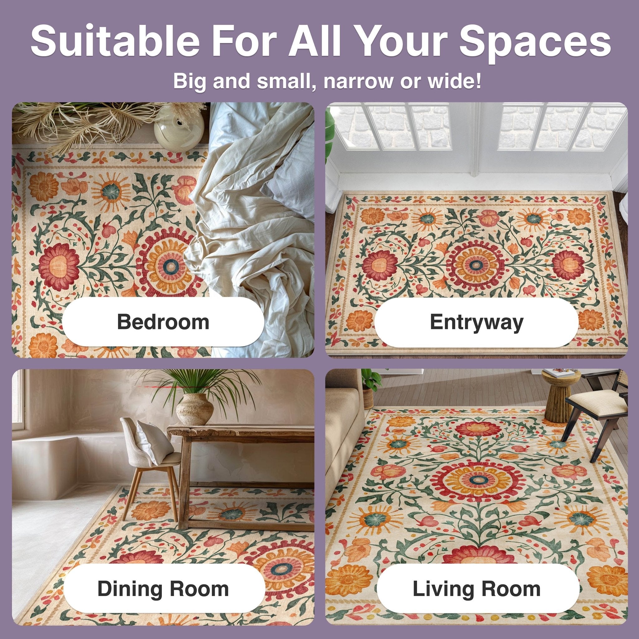 Room collage showing the Suzani Beige Rug styled in a bedroom, entryway, dining room, and living room.