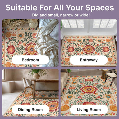 Room collage showing the Suzani Beige Rug styled in a bedroom, entryway, dining room, and living room.