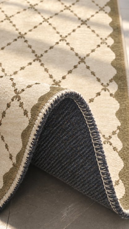 Apollo Petal Arc Area Rug — Olive Brown / Cream — folded rug detail in soft afternoon light. Digital visualization.