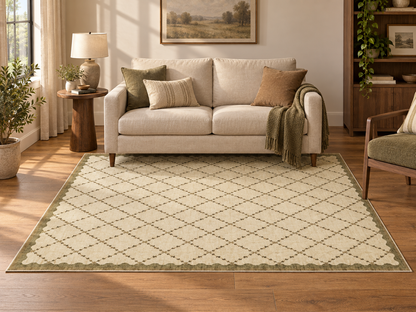 Apollo Petal Arc Area Rug — Olive Brown / Cream — living room in soft afternoon light. Digital visualization.
