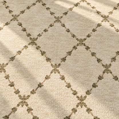 Apollo Petal Arc Area Rug — Olive Brown / Cream — pattern and surface detail in soft afternoon light. Digital visualization.