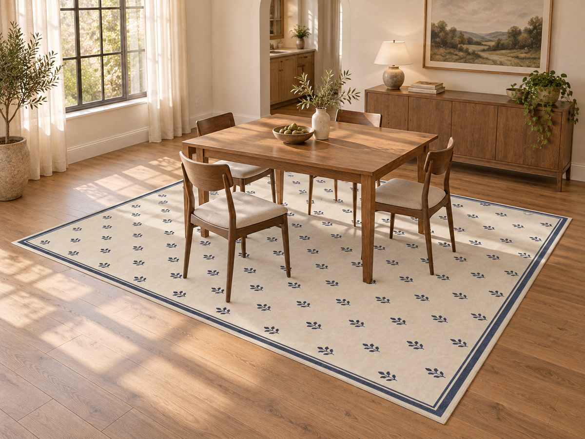 Apollo Little Orchard Area Rug — Navy / Cream — dining room in soft afternoon light. Digital visualization.