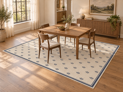 Apollo Little Orchard Area Rug — Navy / Cream — dining room in soft afternoon light. Digital visualization.
