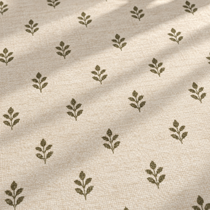 Apollo Little Orchard Area Rug — Olive / Cream — pattern and surface detail in soft afternoon light. Digital visualization.