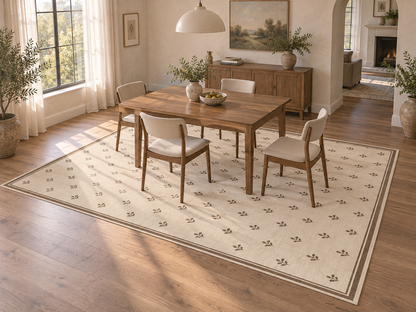 Apollo Little Orchard Area Rug — Brown / Cream — dining room in soft afternoon light. Digital visualization.