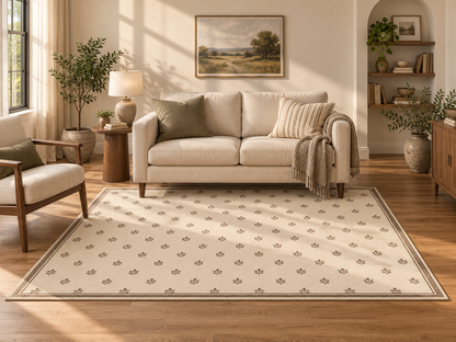 Apollo Little Orchard Area Rug — Brown / Cream — living room in soft afternoon light. Digital visualization.