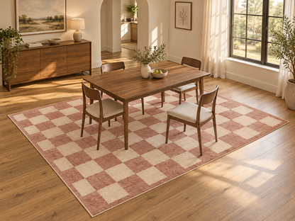 Apollo Sunday Check Area Rug — Dusty Rose / Cream — dining room in soft afternoon light. Digital visualization.