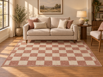 Apollo Sunday Check Area Rug — Dusty Rose / Cream — living room in soft afternoon light. Digital visualization.