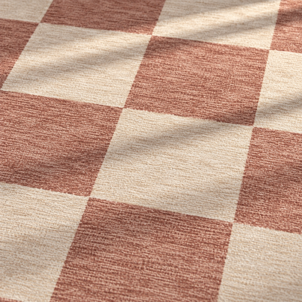 Apollo Sunday Check Area Rug — Dusty Rose / Cream — pattern and surface detail in soft afternoon light. Digital visualization.