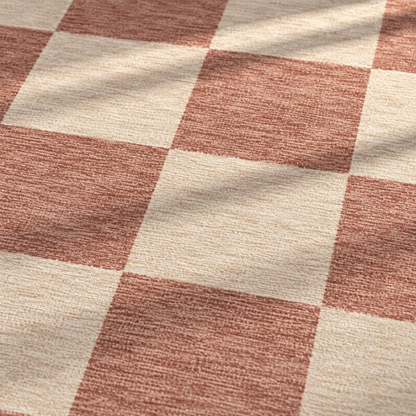 Apollo Sunday Check Area Rug — Dusty Rose / Cream — pattern and surface detail in soft afternoon light. Digital visualization.