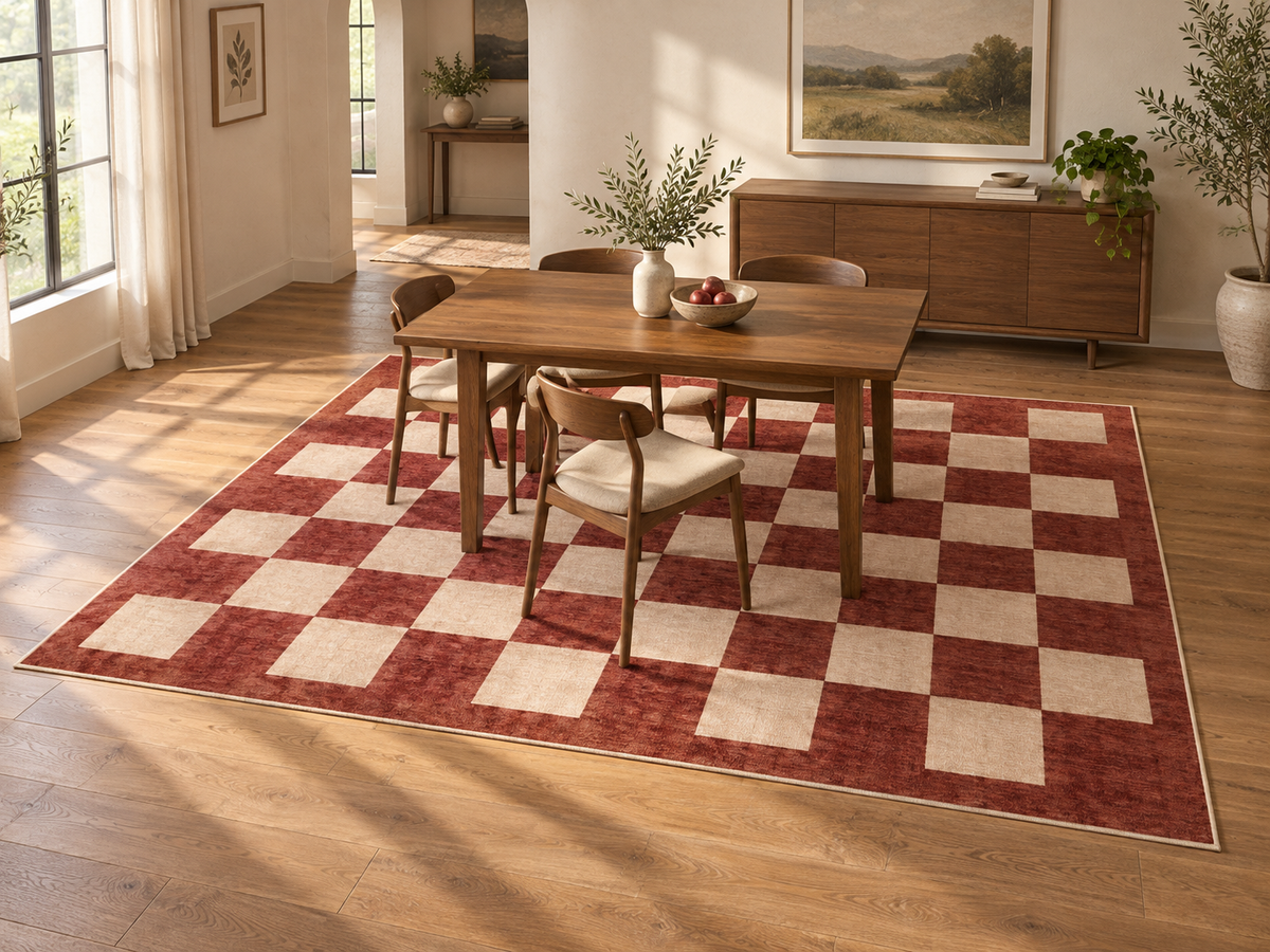 Apollo Sunday Check Area Rug — Red / Cream — dining room in soft afternoon light. Digital visualization.