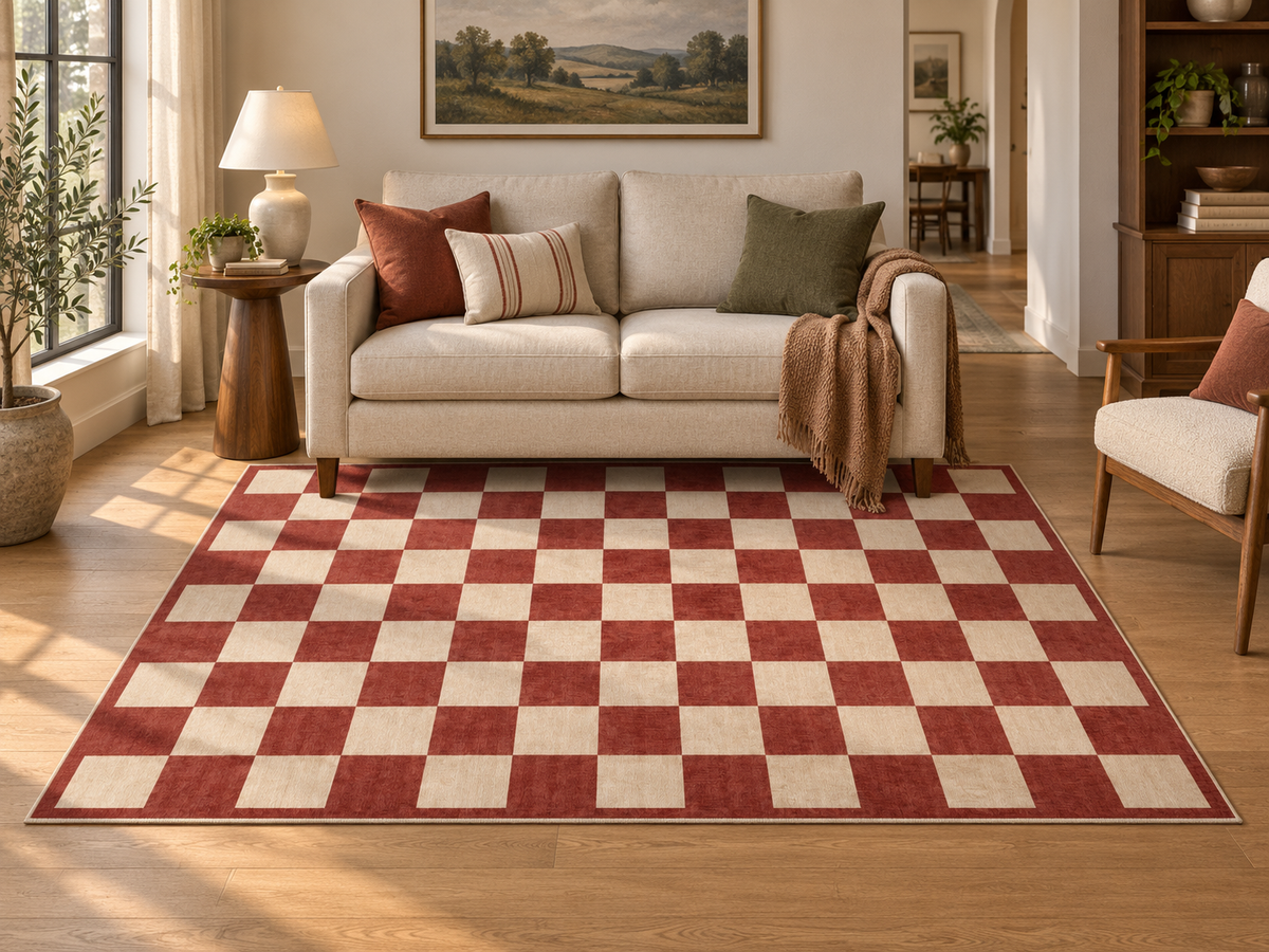 Apollo Sunday Check Area Rug — Red / Cream — living room in soft afternoon light. Digital visualization.