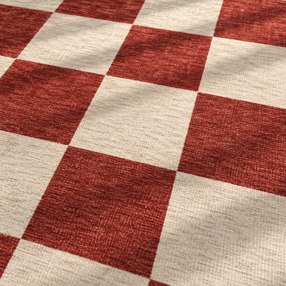 Apollo Sunday Check Area Rug — Red / Cream — pattern and surface detail in soft afternoon light. Digital visualization.