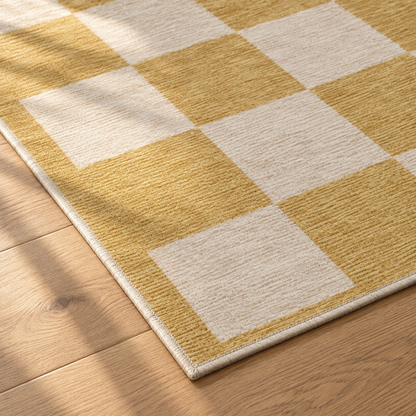 Apollo Sunday Check Area Rug — Mustard / Cream — corner and edge detail in soft afternoon light. Digital visualization.