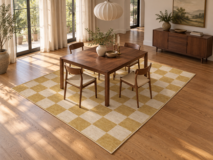 Apollo Sunday Check Area Rug — Mustard / Cream — dining room in soft afternoon light. Digital visualization.