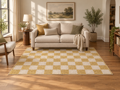 Apollo Sunday Check Area Rug — Mustard / Cream — living room in soft afternoon light. Digital visualization.