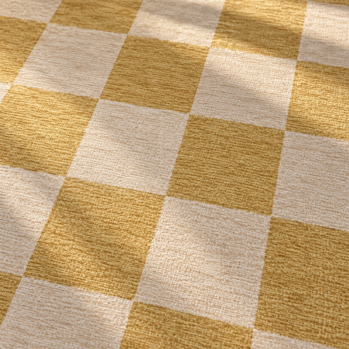 Apollo Sunday Check Area Rug — Mustard / Cream — pattern and surface detail in soft afternoon light. Digital visualization.