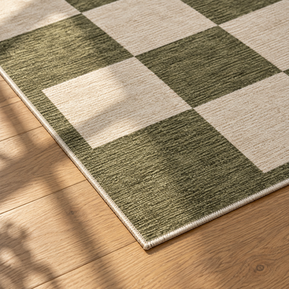 Apollo Sunday Check Area Rug — Olive / Cream — corner and edge detail in soft afternoon light. Digital visualization.