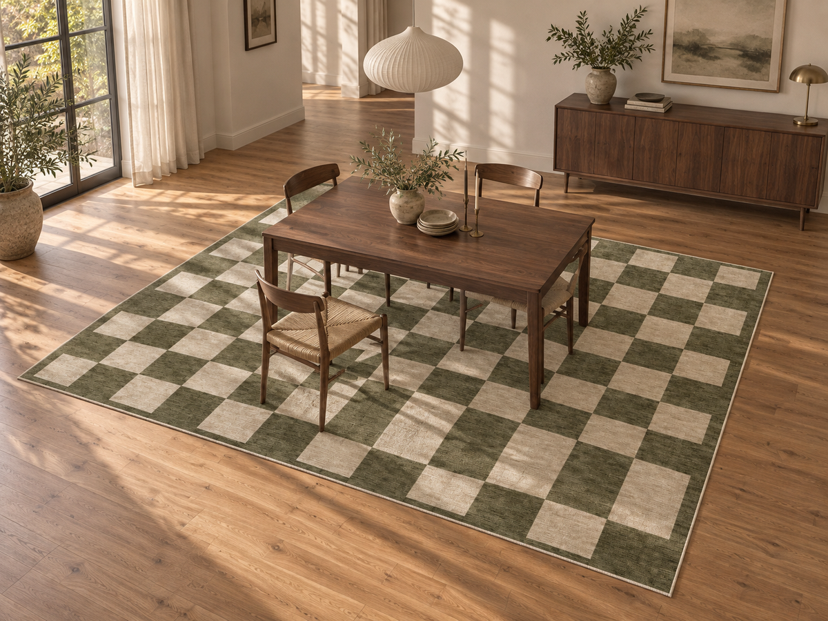 Apollo Sunday Check Area Rug — Olive / Cream — dining room in soft afternoon light. Digital visualization.