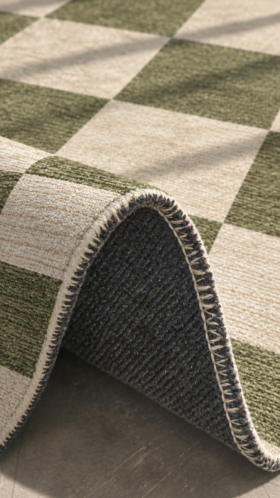 Apollo Sunday Check Area Rug — Olive / Cream — folded rug detail in soft afternoon light. Digital visualization.