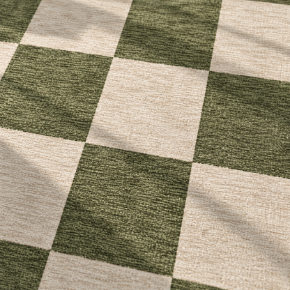 Apollo Sunday Check Area Rug — Olive / Cream — pattern and surface detail in soft afternoon light. Digital visualization.