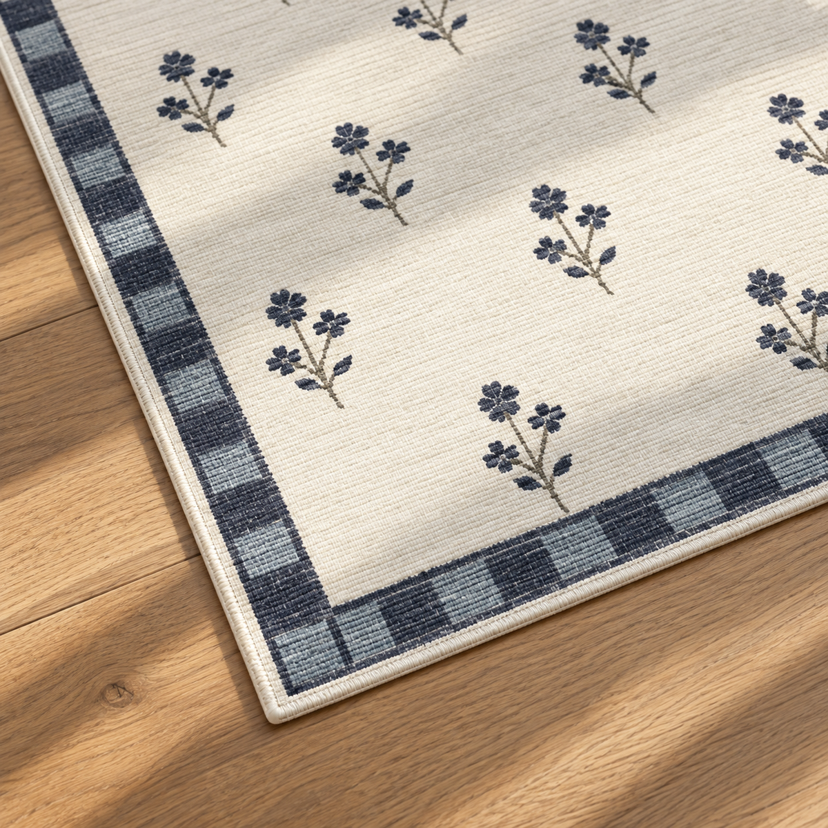 Apollo Posy Walk Area Rug — Navy / Cream — corner and edge detail in soft afternoon light. Digital visualization.