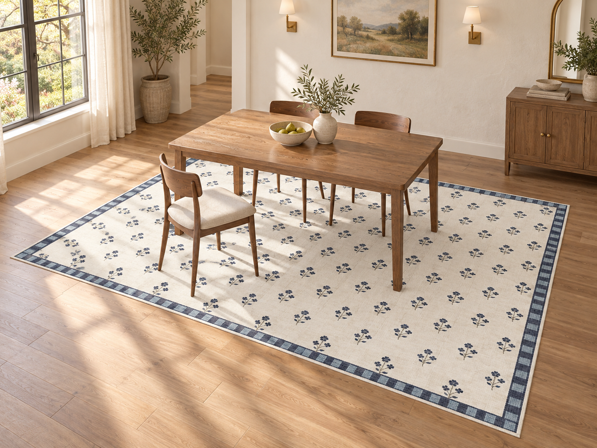 Apollo Posy Walk Area Rug — Navy / Cream — dining room in soft afternoon light. Digital visualization.