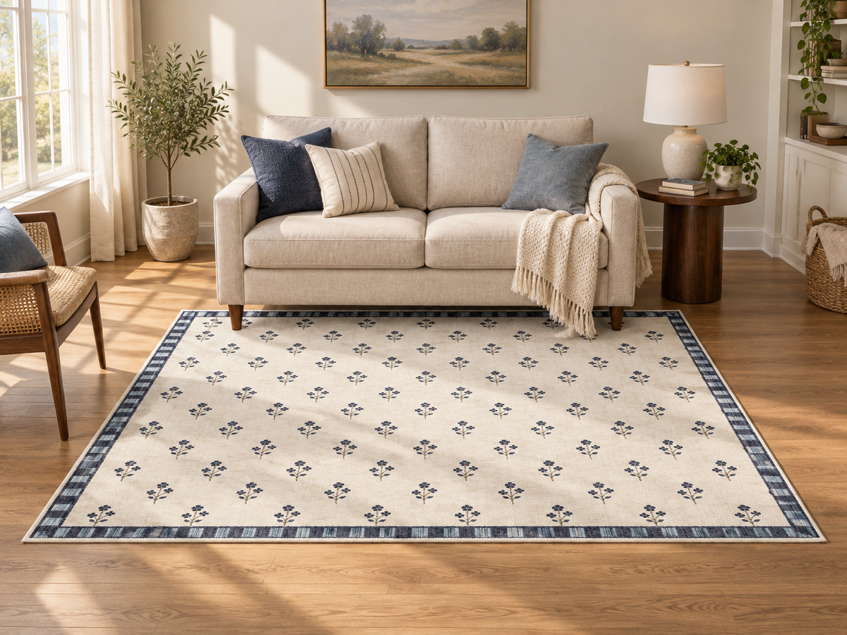 Apollo Posy Walk Area Rug — Navy / Cream — living room in soft afternoon light. Digital visualization.