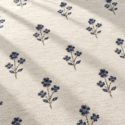 Apollo Posy Walk Area Rug — Navy / Cream — pattern and surface detail in soft afternoon light. Digital visualization.