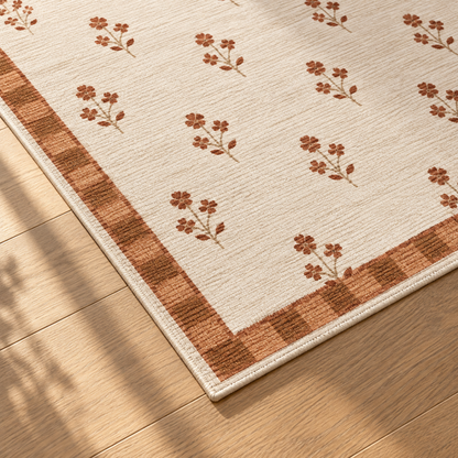 Apollo Posy Walk Area Rug — Terracotta / Beige — corner and edge detail in soft afternoon light. Digital visualization.