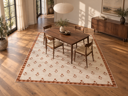 Apollo Posy Walk Area Rug — Terracotta / Beige — dining room in soft afternoon light. Digital visualization.