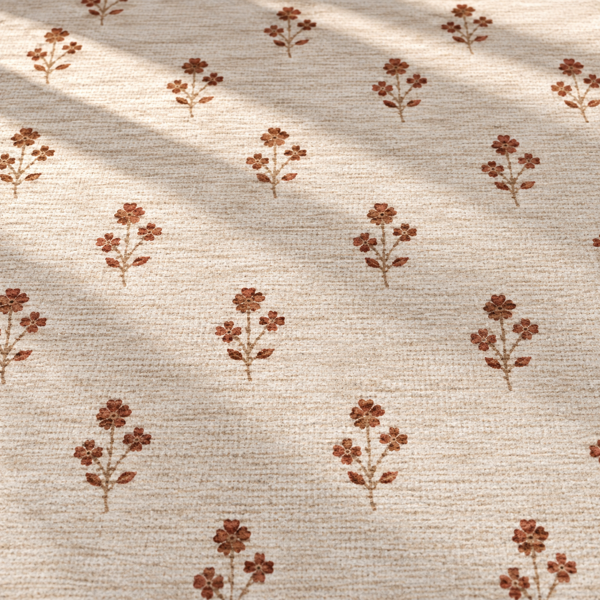 Apollo Posy Walk Area Rug — Terracotta / Beige — pattern and surface detail in soft afternoon light. Digital visualization.