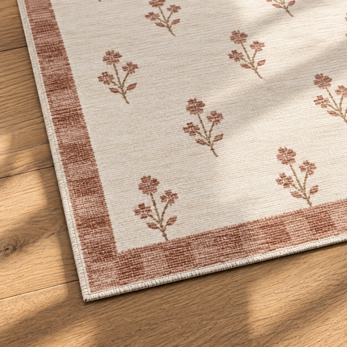 Apollo Posy Walk Area Rug — Dusty Rose / Cream — corner and edge detail in soft afternoon light. Digital visualization.