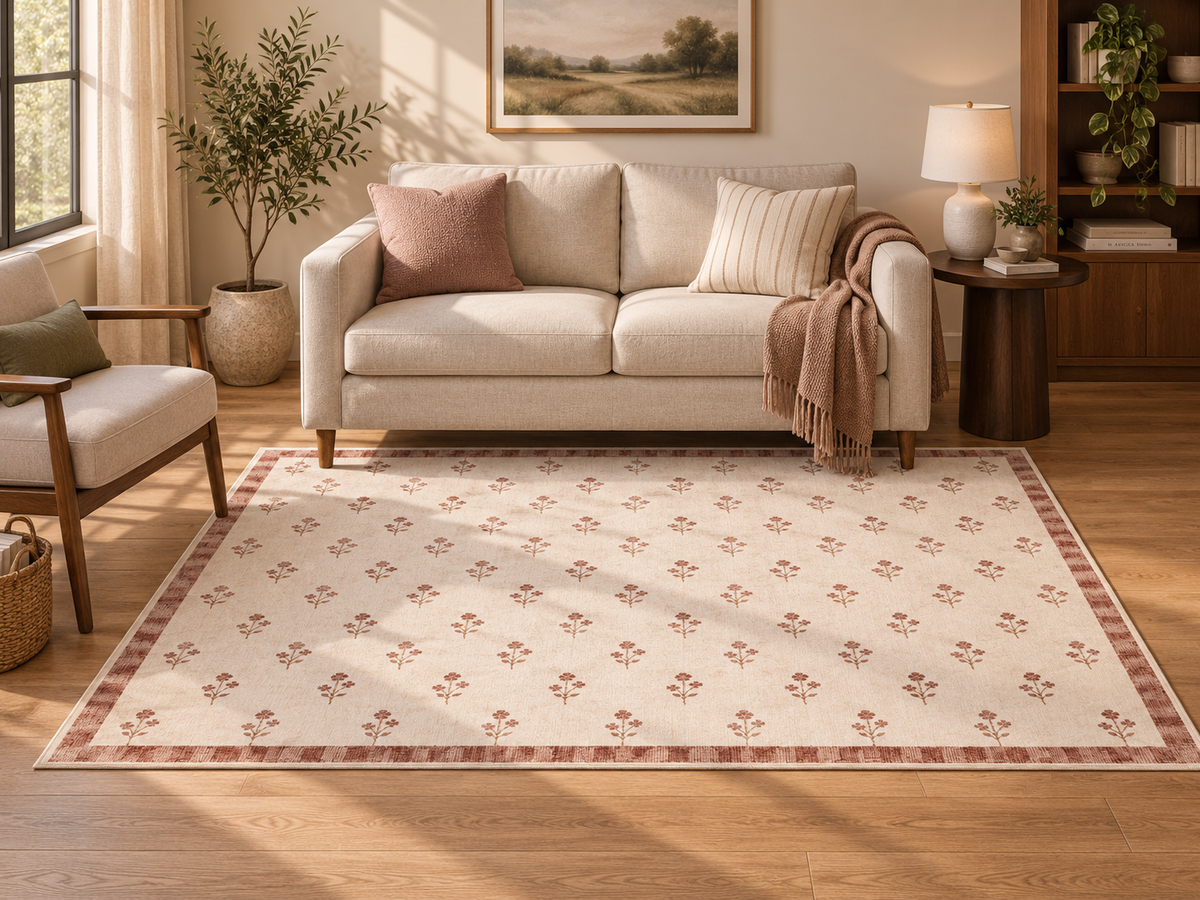 Apollo Posy Walk Area Rug — Dusty Rose / Cream — living room in soft afternoon light. Digital visualization.