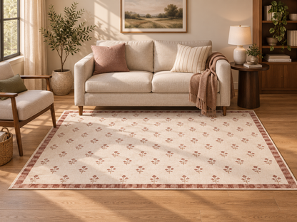 Apollo Posy Walk Area Rug — Dusty Rose / Cream — living room in soft afternoon light. Digital visualization.