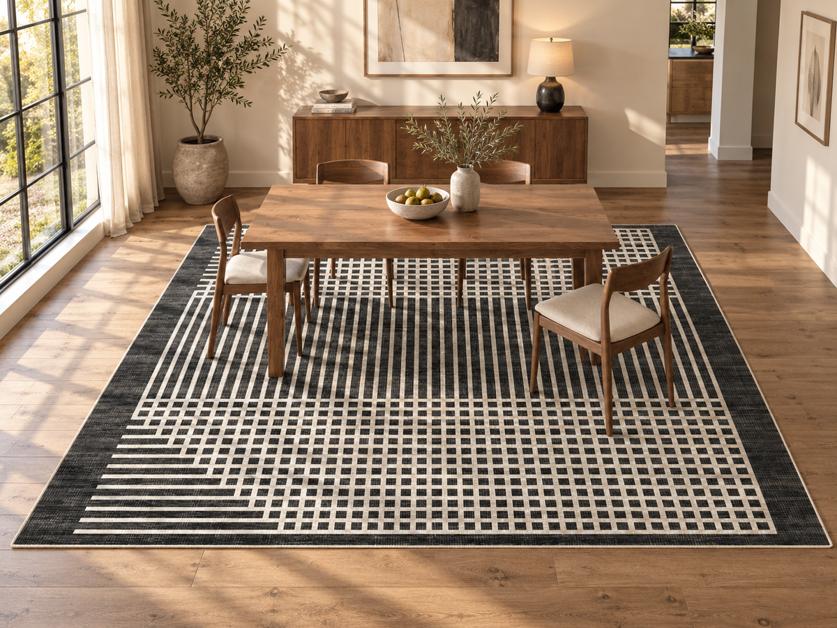 Apollo Crossline Study Area Rug — Charcoal / Cream — dining room in soft afternoon light. Digital visualization.