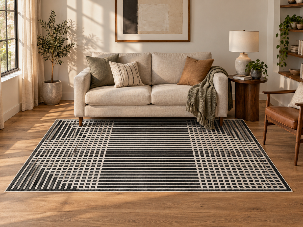 Apollo Crossline Study Area Rug — Charcoal / Cream — living room in soft afternoon light. Digital visualization.