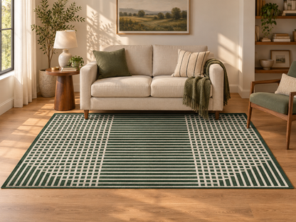 Apollo Crossline Study Area Rug — Pine Green / Cream — living room in soft afternoon light. Digital visualization.