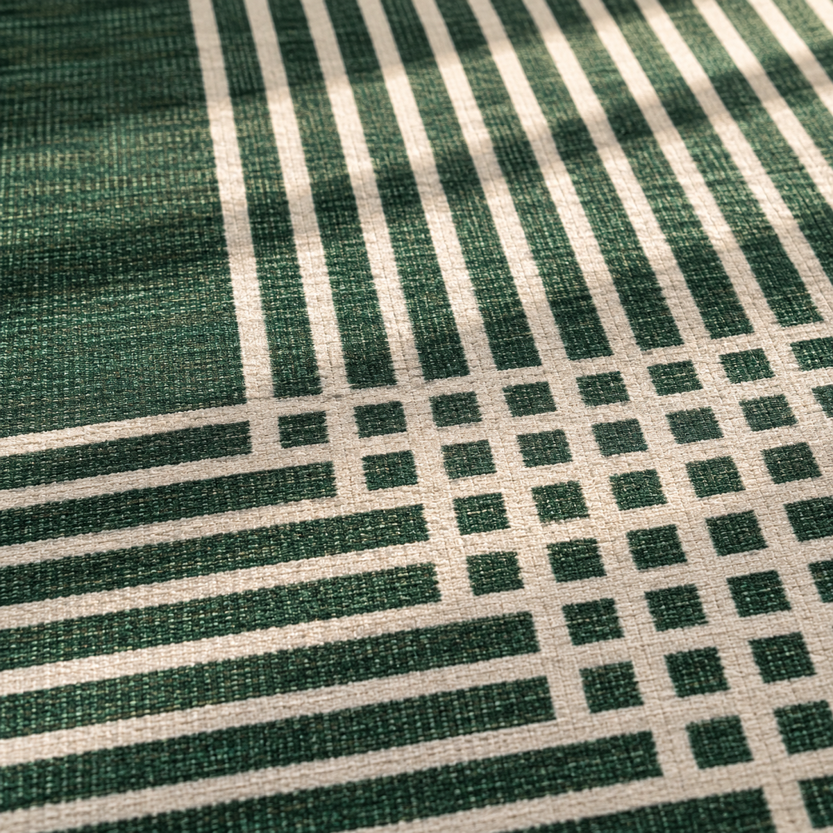 Apollo Crossline Study Area Rug — Pine Green / Cream — pattern and surface detail in soft afternoon light. Digital visualization.