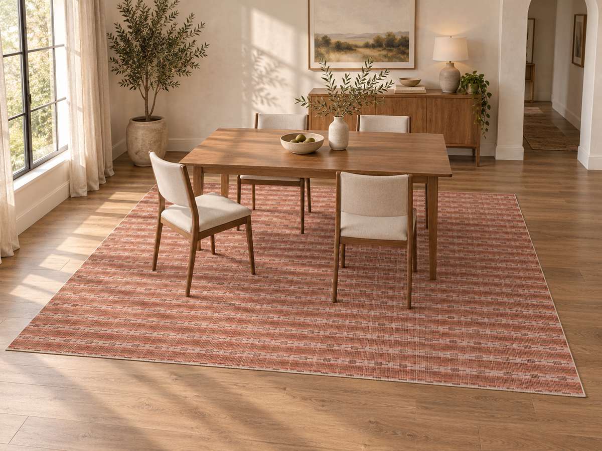 Apollo Keepsake Stripe Area Rug — Terracotta / Light Terracotta — dining room in soft afternoon light. Digital visualization.