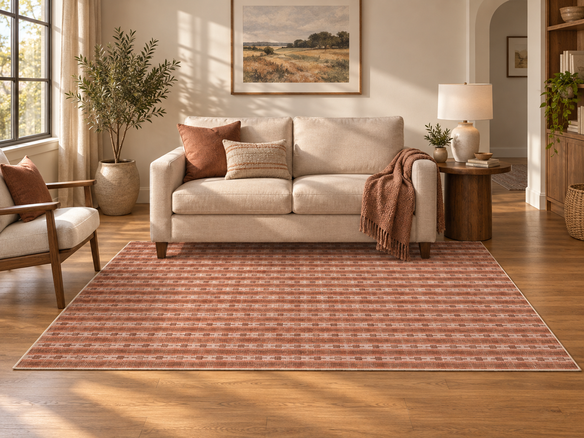 Apollo Keepsake Stripe Area Rug — Terracotta / Light Terracotta — living room in soft afternoon light. Digital visualization.